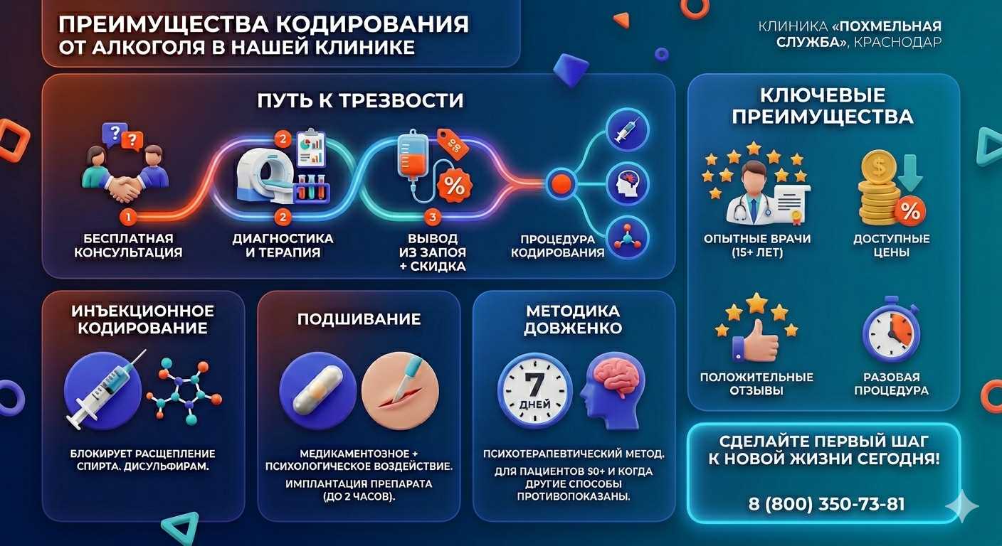 Инфографика о методах кодирования от алкоголя в Жуковке: инъекции, подшивание, метод Довженко. Преимущества клиники и этапы лечения.